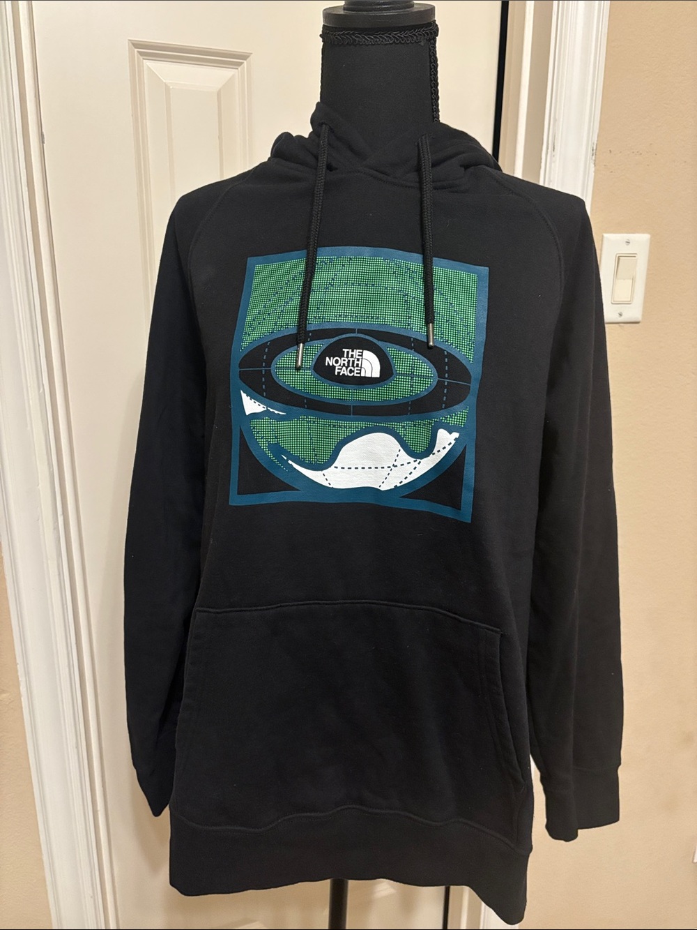 The North Face Black Pullover Hoodie with Green & Teal Graphic